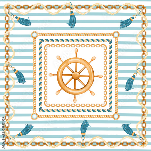 Abstract geometric pattern with golden chains, rope, tassels, ship wheel and marine stripes. Marine illustration. Fashion print for textile, scarf, silk shawls and cravat design. Vector illustration.