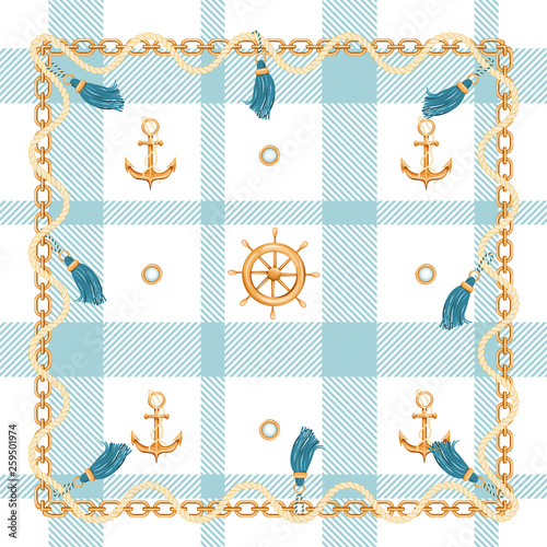 Checkered seamless pattern with golden chains, anchor, ship wheel, tassels and rope. Marine background. Fashion print for textile, scarf, wrapping paper and tablecloth design. Vector illustration.