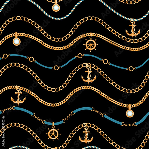 Abstract seamless pattern with golden chains, tassels, belt, ship wheel and anchor. Marine motif. Fashion print for textile, scarf and wrapping paper. Vector illustration on black background.