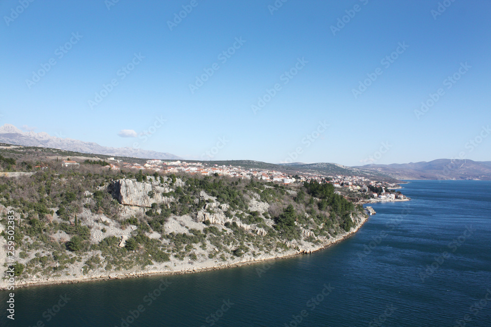 Dalmatien Landscape with mountains and Adriatic Sea in sunny day. Croatia.