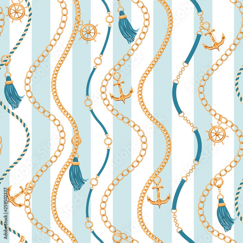 Wavy seamless background with golden chains, ship wheel, rope, belt, tassels. anchor and marine stripes. Marine motif. Fashion print for textile, scarf and wrapping paper. Vector illustration.