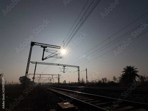 Railroad track silhouette perspective view.