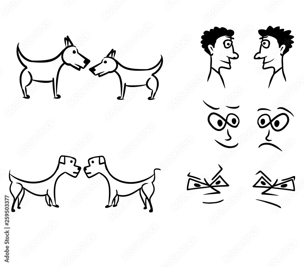 Dogs and owners face to face people and pets. Sketching with black ink on the white background