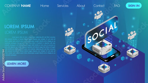 Virtual reality social communication concept with technology connect intelligence icon.Can use for web banner, machine programming, infographics neural network.isometric vector illustration.