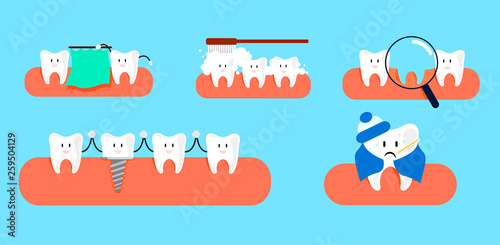 Set of Teeth on gum illustrations concept for children. Toothbrush. Ill tooth. Vector