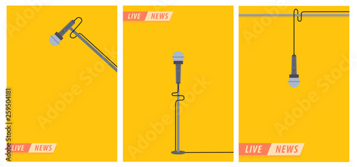 Live news. Microphone in flat style. News illustration. Set. News on TV and radio. Collection .Interview. Vector illustration design.