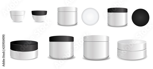 Set of White plastic tube with black and white round caps. Vector packaging mock up template. Mock up collection for your design 