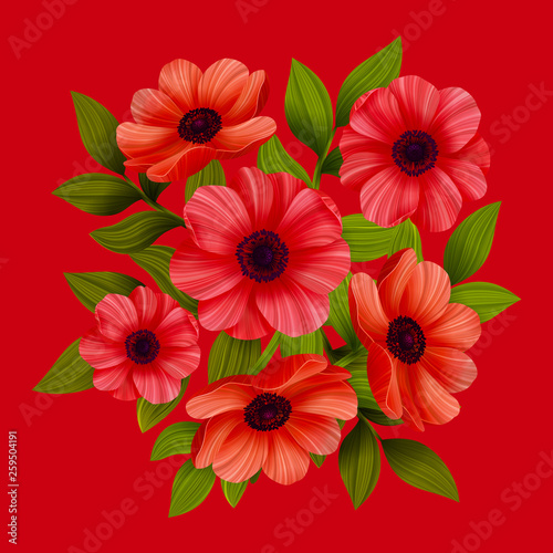 Flowers. Red poppies on red background. Vector illustration.