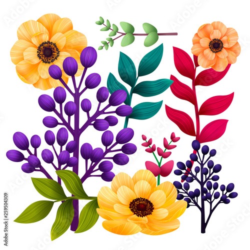 Set botanic of elements. Garden and wild foliage, flowers and branches isolat...