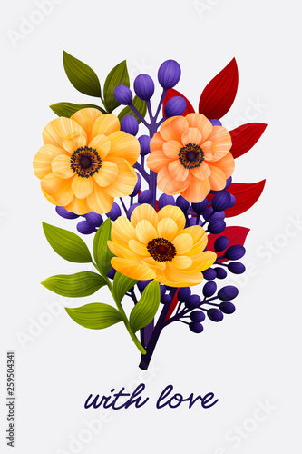 Garden flowers. Floral card, bouquet with yellow Anemones and colored leaves ...