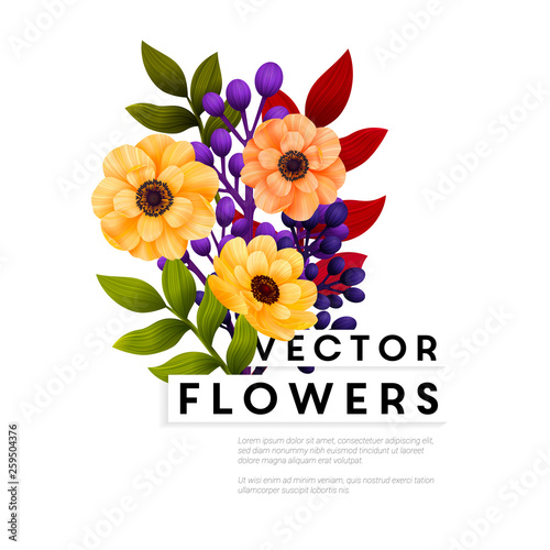 Garden flowers. Floral card, bouquet with yellow Anemones and colored leaves....
