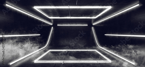 Fototapeta Naklejka Na Ścianę i Meble -  Smoke Smoke Retro Neon Glowing White Fluorescent Futuristic Sci Fi Rectangle Shaped Abstract Stage Lights Dance Room Empty Reflective Cement Concrete 3D Rendering