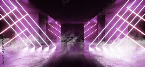Smoke Virtual Sci Fi Fluorescent Neon Cyber Futuristic Modern Retro Alien Dance Club Glowing Vibrant Purple Lights In Dark Empty Grunge Concrete Reflective Tunnel Room Corrior Background 3D Rendering