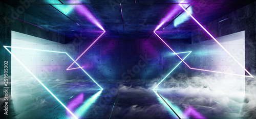 Smoke Fog Abstract Rectangle Neon Glowing Sci Fi Purple Blue Futuristic Concrete Empty Grunge Reflective Room Vibrant Spectrum Fluorescent Luminous Lasers Tunnel Corridor Alien Spaceship 3D Rendering