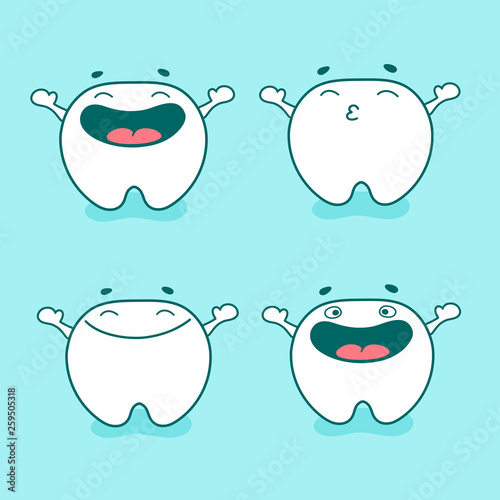 Cute tooth character set with different emotions. Happy cartoon teeth. Vector illustration.