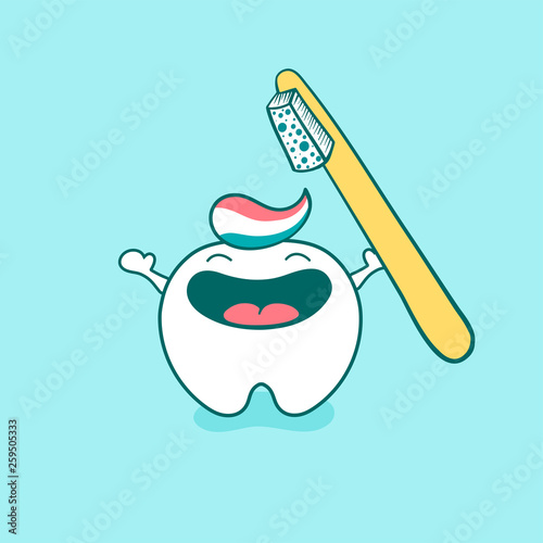 Cute happy tooth character with toothbrush and toothpaste. Vector illustration in cartoon style.