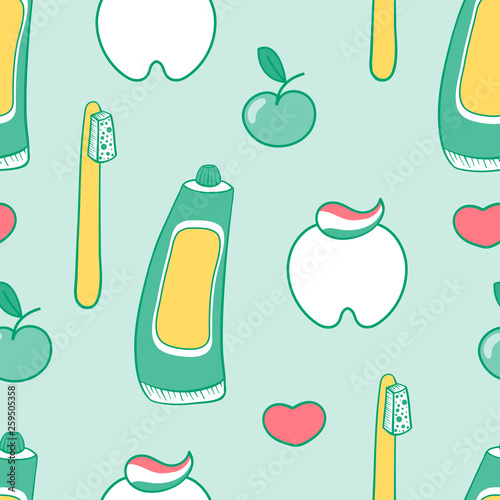 Toothpaste, tooth, toothbrush, green apple. Cartoon seamless pattern. Vector illustration.