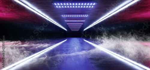 Smoke Lines Neon Path Track Glowing Sci Fi Purple Blue Futuristic Concrete Empty Grunge Reflective Room Vibrant Spectrum Fluorescent Luminous Lasers Hall Tunnel Corridor Alien Spaceship 3D Rendering
