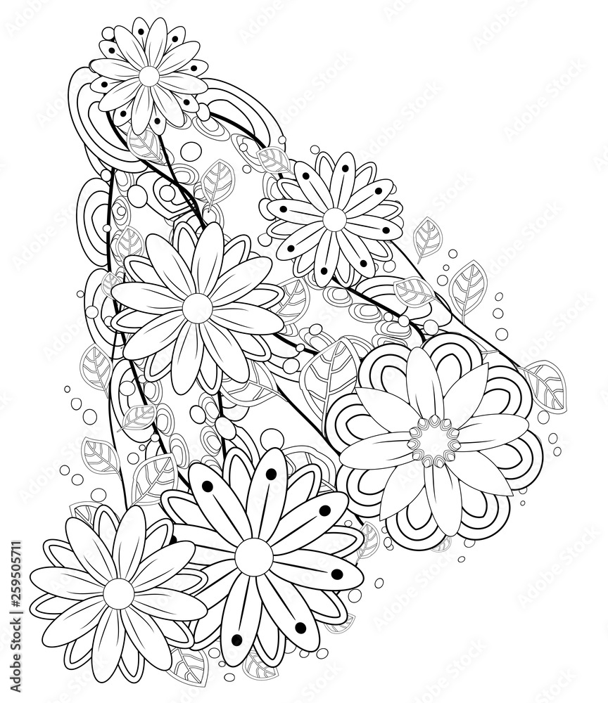 Obraz premium Outline vector drawing of flowers for adult coloring books. Page of floral pattern in black and white