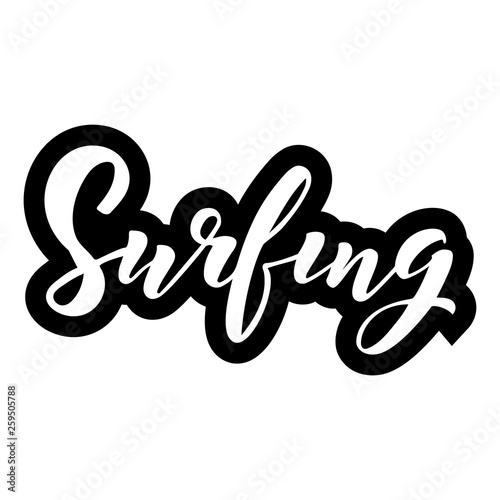 Surfing hand lettering logo. Design print for t-shirt, cap, poster, banner, flyer, beach animation. Vector illustration on background