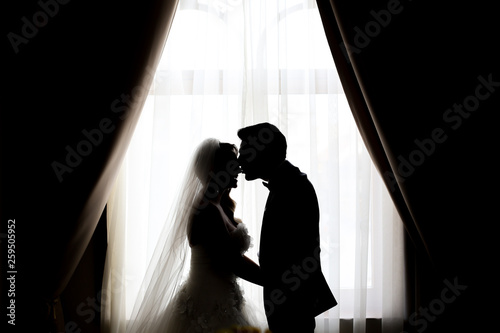 Groom and bride's silhouette by the window