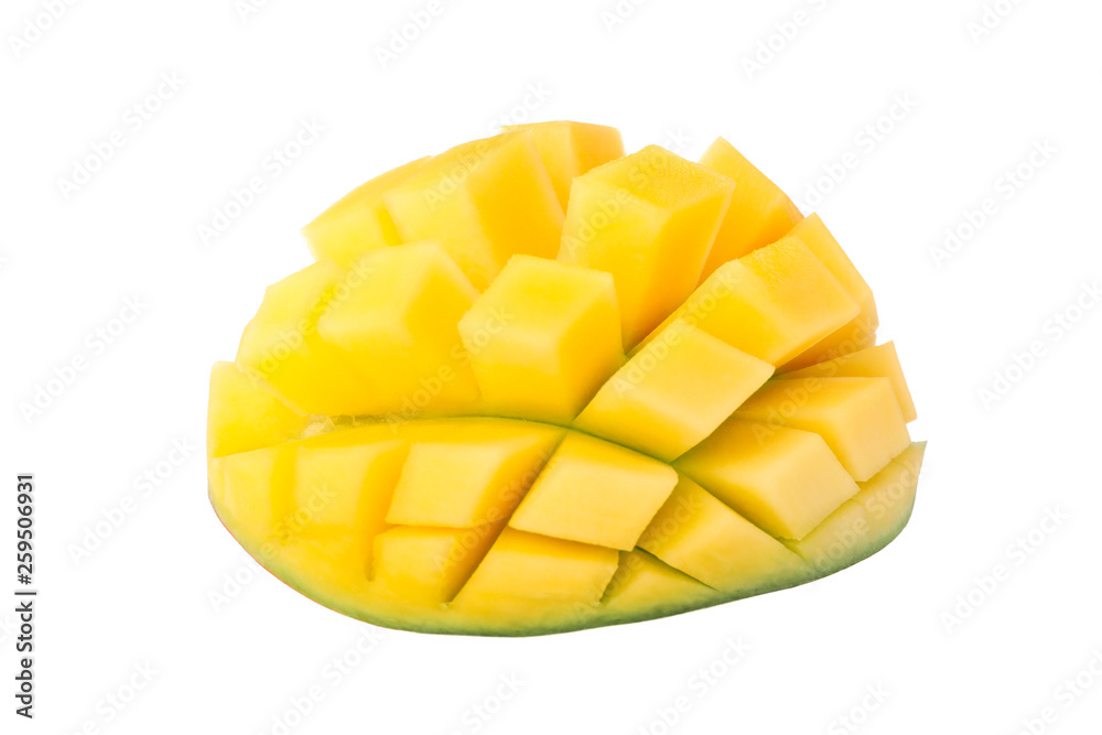Cut ripe mango isolated on white background, closeup