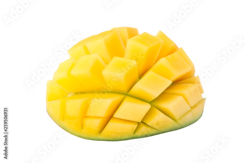 Cut ripe mango isolated on white background, closeup