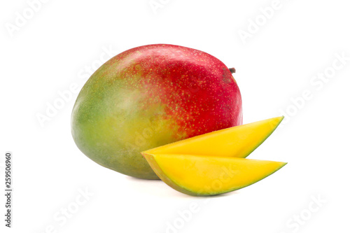 Mango with two pieces isolated on white background
