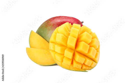 Fresh tropical mangoes isolated on white background