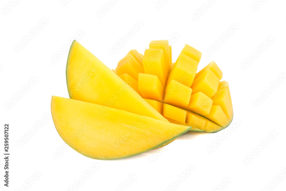 Cut ripe mango with two pieces isolated on white background, closeup
