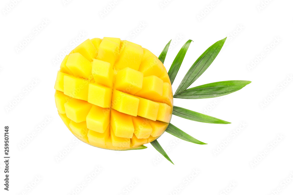 Fresh mango with palm leaf isolated on white background, top view