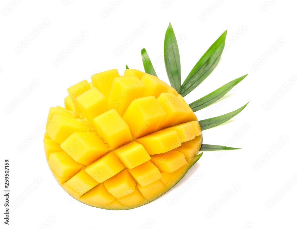 Fresh mango with palm leaf isolated on white background, closeup Fresh mango with palm leaf isolated on white background, closeup
