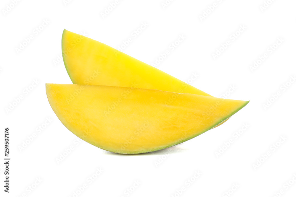 Two pieces of mango isolated on white background, close up Two pieces of mango isolated on white background, close up
