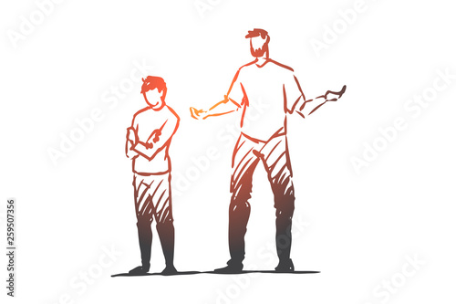Son, dad, child, angry, scold, naughty concept. Hand drawn isolated vector.
