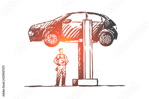 Car, repair, auto, service, engine concept. Hand drawn isolated vector.