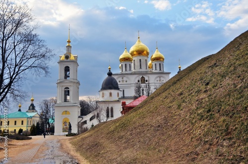 Dormition church. Kremlin in Dmitrov, old historical town in Moscow region, Russia. Color winter photo. Popular landmark.