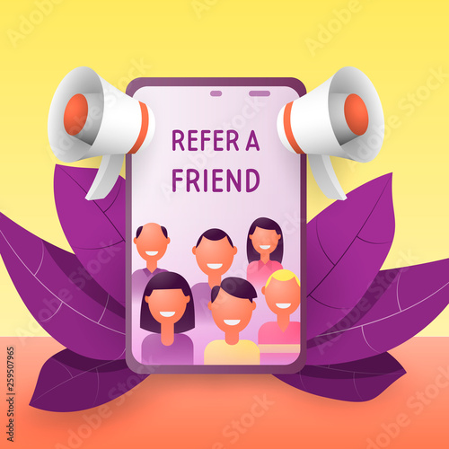 Refer a friend concept. People scream into the megaphone from the smartphone the word friend. On a background of leaves. Friend Sharing Referral Code. Vector illustration.