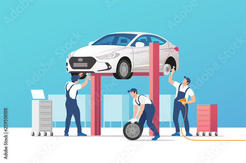 Car service and repair. Automobile in maintenance workshop with mechanics team. Vector illustration.