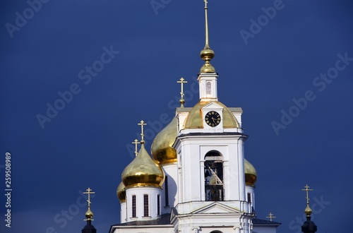 Dormition church. Kremlin in Dmitrov, old historical town in Moscow region, Russia. Color winter photo. Popular landmark.