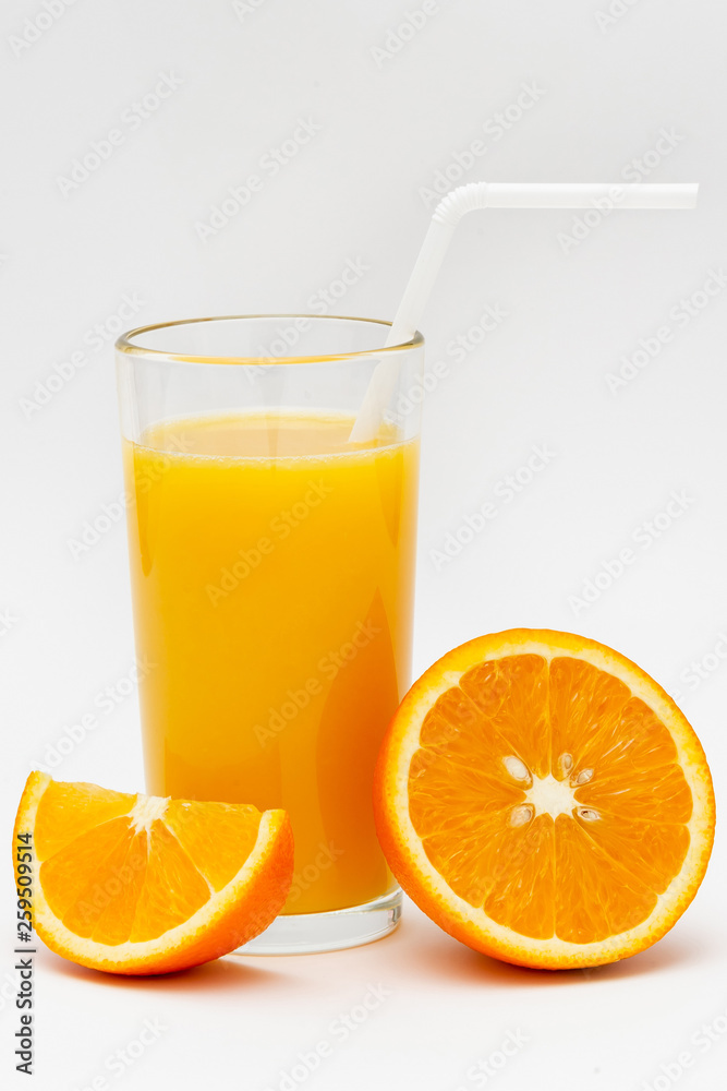 glass of orange juice and sliced orange on a white background glass of orange juice and sliced orange on a white background