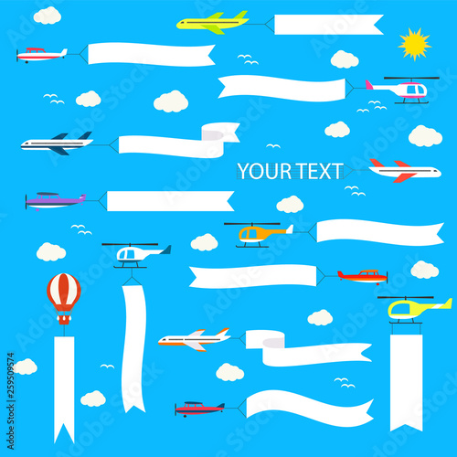 Airplanes, helicopters and hot air balloons with banners set, vector illustration. Different plane transport banner over blue sky background.