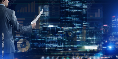 Digital background with infographs and man extending papers or contract