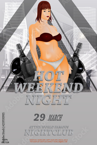 Hot weekend night Party Flyer Design with sexy girl and amplifier on white city background. It can be useful whether it is a specific show, club event, or special attraction