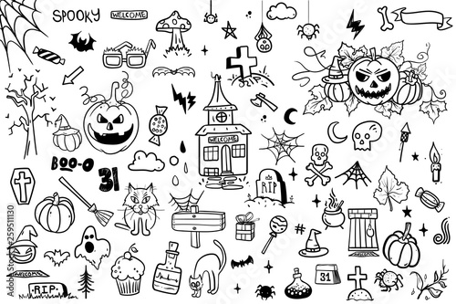 vector hand drawn Doodle cartoon collection set of icon and symbols about the Halloween day,isolated background