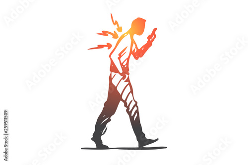 Posture, bad, spine, phone, walk concept. Hand drawn isolated vector.