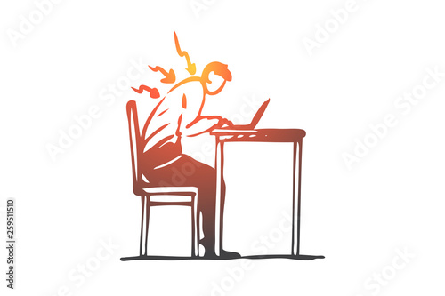 Posture, bad, spine, sit, table, wrong concept. Hand drawn isolated vector.