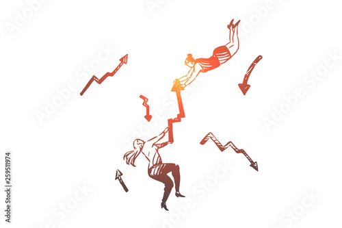 Business  arrow  woman  rivalry  success  contest concept. Hand drawn isolated vector.