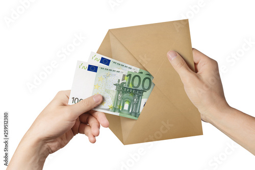 Hands getting euros out of the envelope, isolated on white background