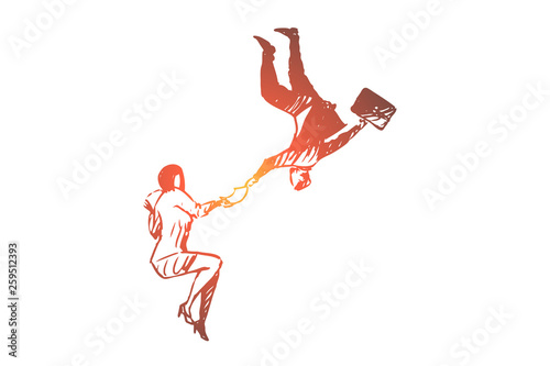 Business, arrow, woman, rivalry, success, contest concept. Hand drawn isolated vector.