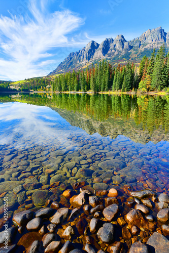 Panorama Reflection of Mount Fitzwilliam on Yellowhead Lake in the Canadian Rockies, British Columbia, Canada